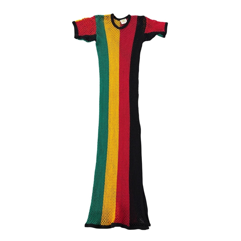 RIS Women Fishnet Mesh Maxi Dress Green Yellow Red Black Stripe S/M Cover Up
